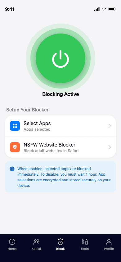 Cold Turkey content blocker showing blocking active
