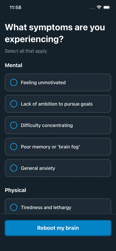 Cold Turkey symptom self-assessment screen
