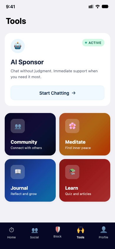 Cold Turkey recovery toolkit — coach, meditation, journal, and more